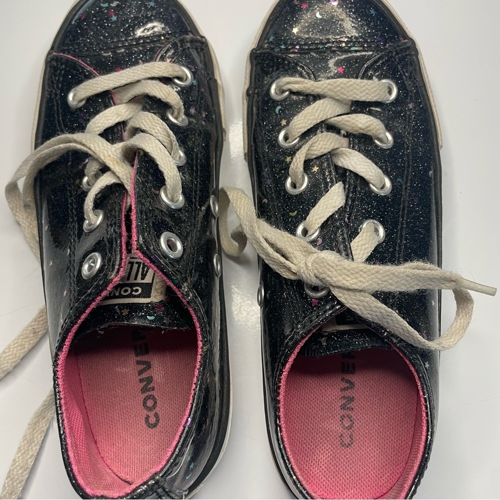 Converse All Star Low Tops Size Kids 2 Shiny Black Stars Moons PRELOVED - Picture 8 of 10